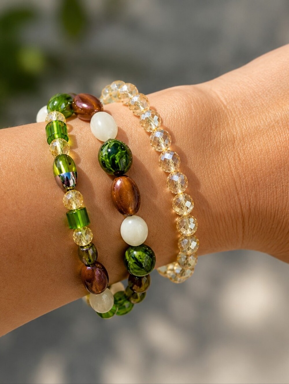 Green and Gold Beaded Stretch Bracelet Set - Women Jewelry